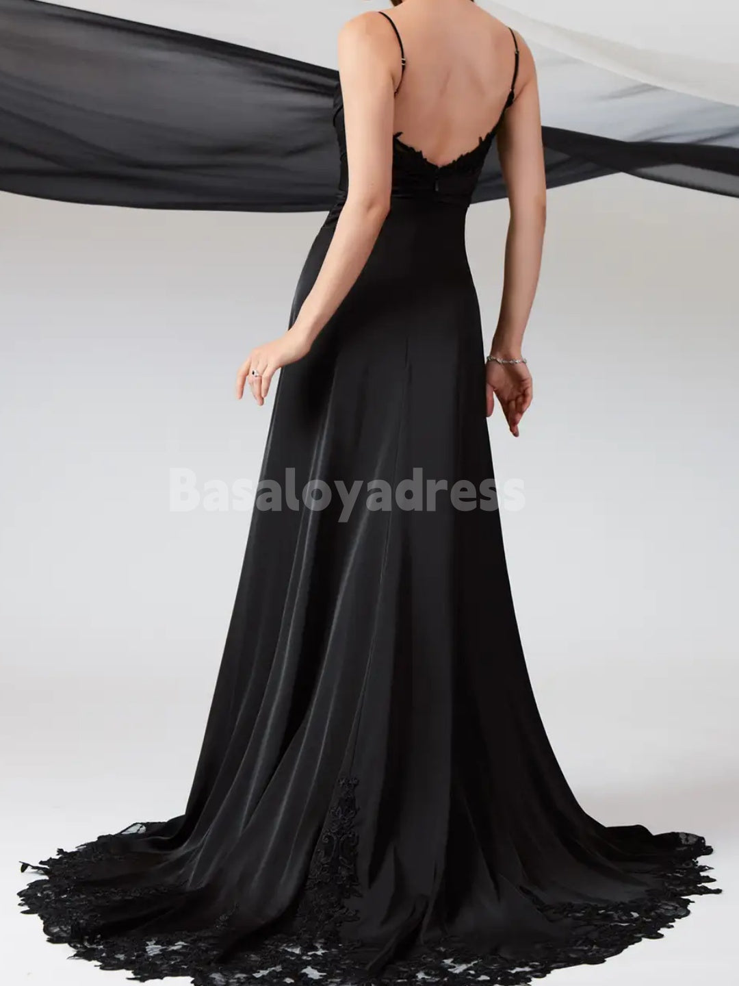 BWD00054 Gothic Simple Black A-Line Sleeveless Lace Stretch Satin Long Wedding DressWith Spaghetti Straps