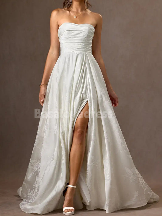 BWD00046 A-Line Strapless Floral Jacquard Pleated Floor-Length Wedding Dress with High Slit