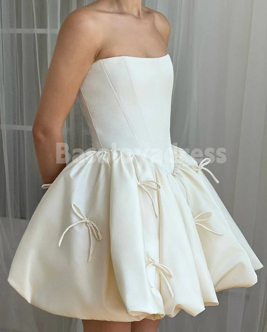 BWD00064 Corset Bodice Bubble Skirt Mini Wedding Dress with Bow Accents and Lace-up Back
