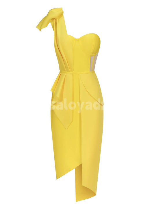 BSD00047 One Shoulder Semi-transparent Pleated Colorblock Asymmetrical Midi Dress