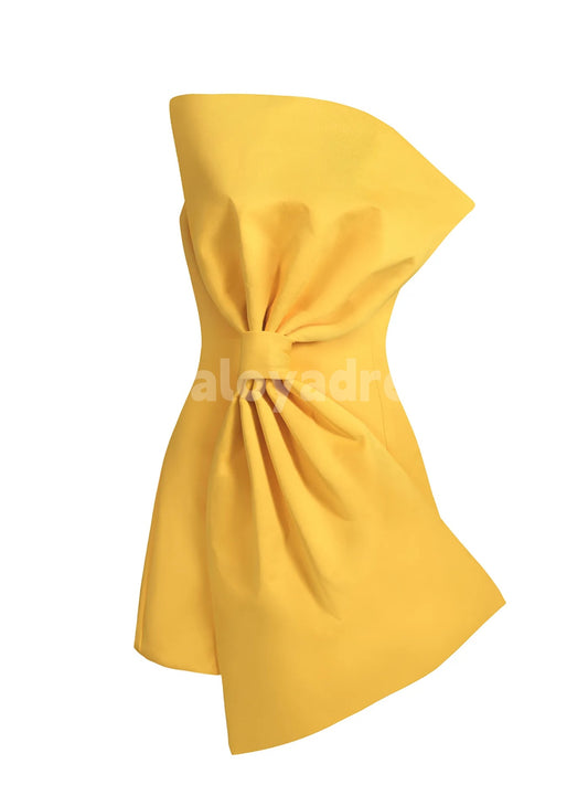 BSD00046 Bright Yellow Big Bowknot Strapless Satin Mini Homecoming Dress