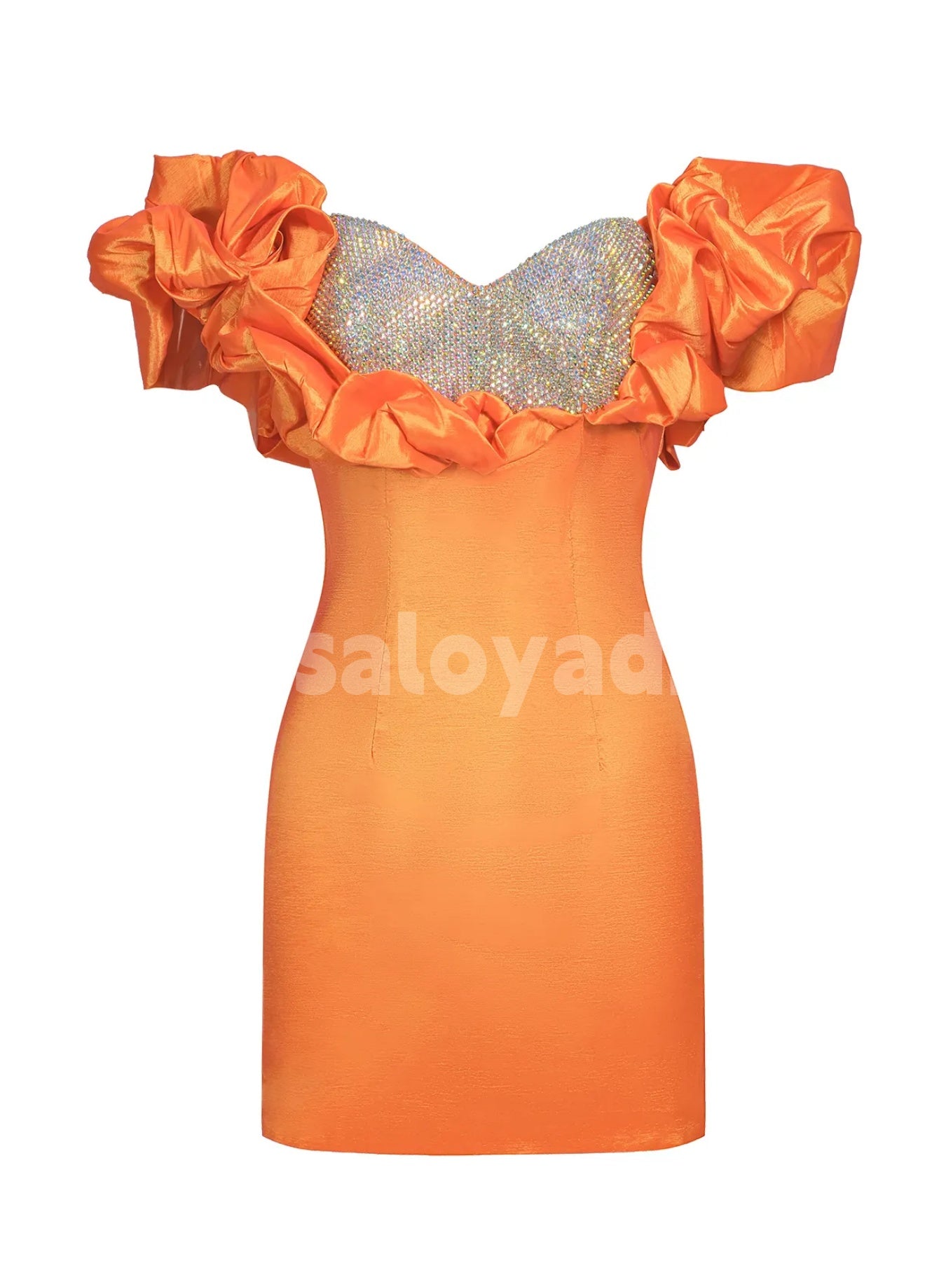 BSD00043 Satin Puff Off Shoulder Orange Short Homecoming Dress with Sparkly Diamante Sexy Mini Dresses