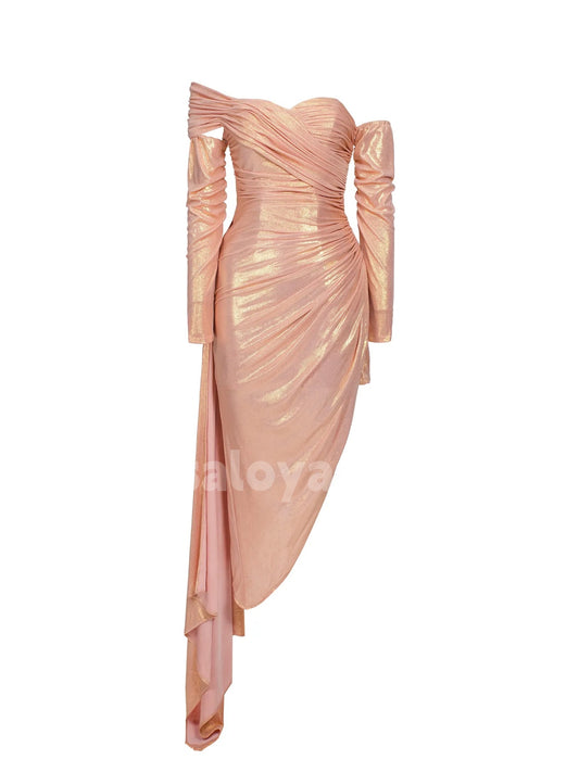 BSD00050 Pink One Shoulder Strapless Ruched Long Sleeves Midi Dress with Asymmetrical Hem