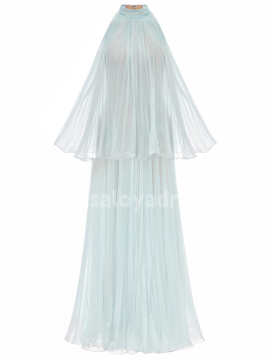 BDES00111 Elegant Tulle Maxi Dress High Neck Sleeveless Formal Party Dress A line Long Tiered Evening Dress Customized