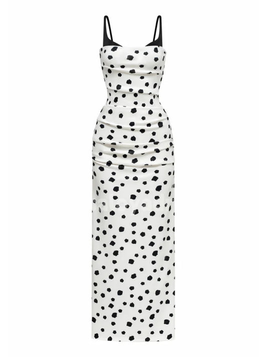 BDES00110 Black Spaghetti Strap Irregular Polka Dot Print Ruched Bodycon Draped Midi Dress