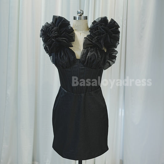 BSD00018 Summer Black Ruffle sleeves Tight Short Dress Cocktail Homecoming Dress