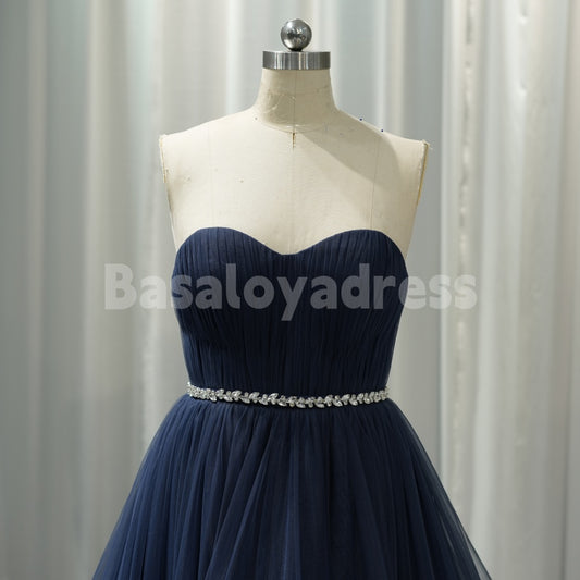 BDES00031 High-Low Navy Layered Tulle Prom Dresses with Voluminous Ruffles