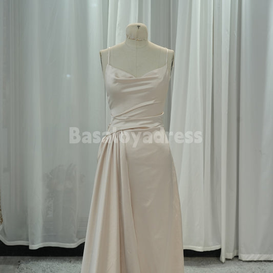 BDES00032 Smooth Draped Satin Spaghetti Strap Gown Backless Prom Dress