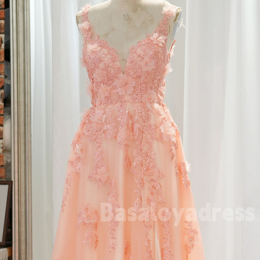 BDES00038 Sparkly A Line V Neck Sequin Lace Applique Prom Dress Long Tulle Bridesmaid Dress with 3D Flowers