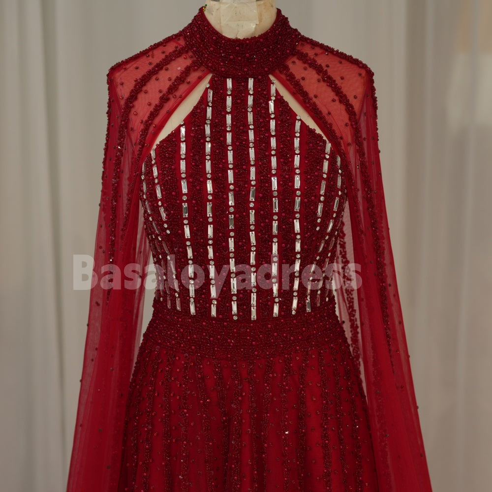 BDES00062 2025 Arabic Sparkly Beaded Luxury Cape Sleeve A-Line Prom Dresses Evening Dress for Women's Wedding Party
