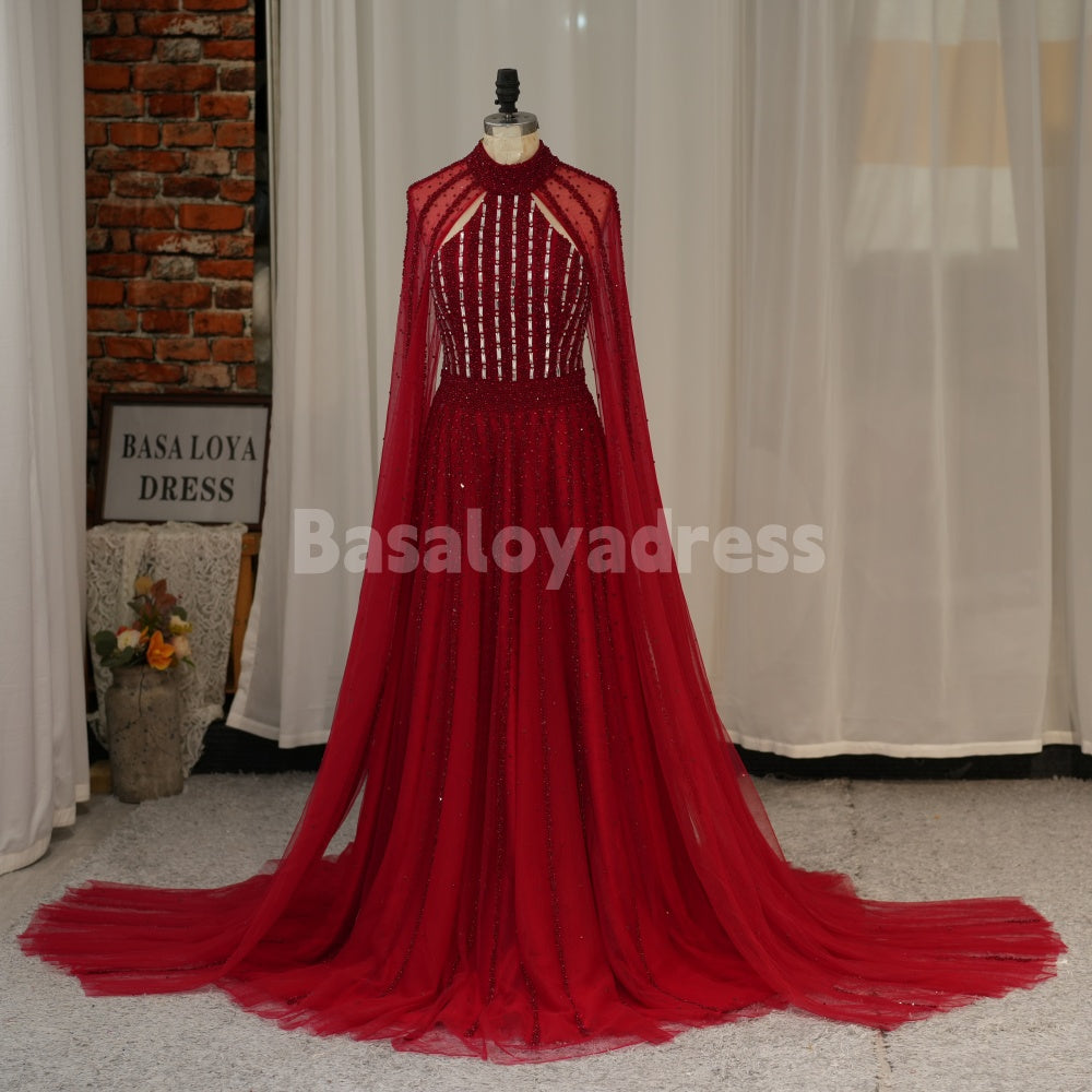 BDES00062 2025 Arabic Sparkly Beaded Luxury Cape Sleeve A-Line Prom Dresses Evening Dress for Women's Wedding Party