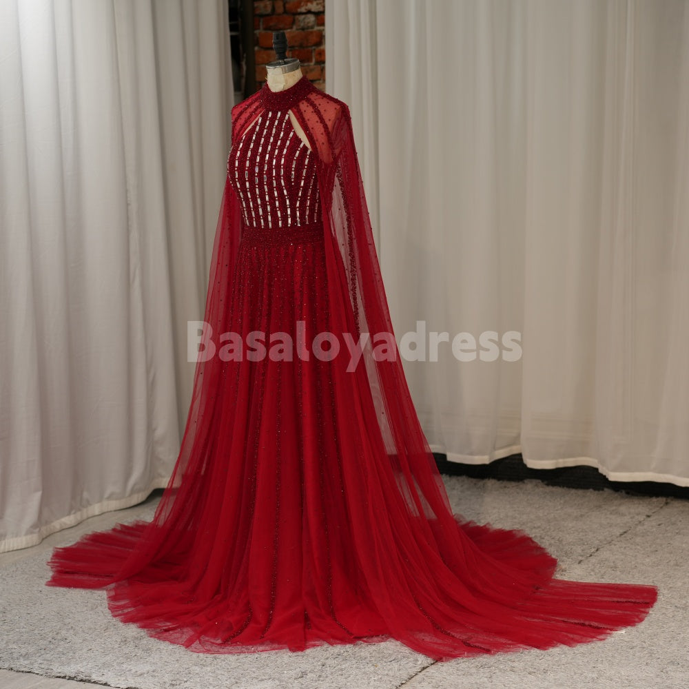 BDES00062 2025 Arabic Sparkly Beaded Luxury Cape Sleeve A-Line Prom Dresses Evening Dress for Women's Wedding Party