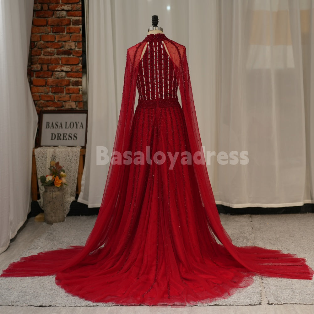 BDES00062 2025 Arabic Sparkly Beaded Luxury Cape Sleeve A-Line Prom Dresses Evening Dress for Women's Wedding Party