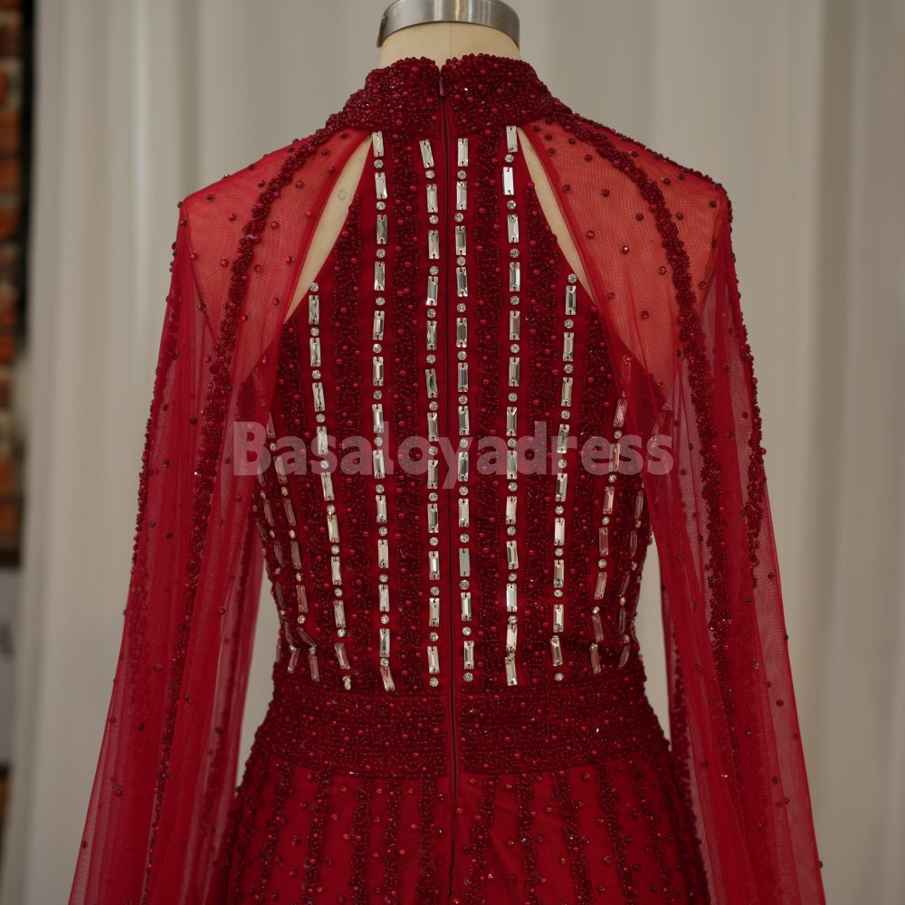 BDES00062 2025 Arabic Sparkly Beaded Luxury Cape Sleeve A-Line Prom Dresses Evening Dress for Women's Wedding Party