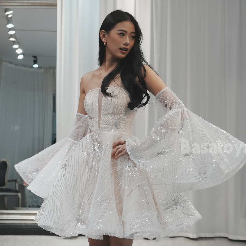 BSD00001 Teens Shiny White Mini Short A-Line V-Neck Above Knee Homecoming Dress With Detachable Sleeve Cocktail Dress