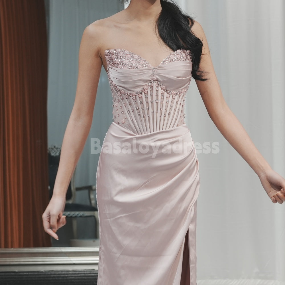 BDES00004 Sparkling Crystal Flower Embellished Satin Corset Slit Leg Gown Prom Dress