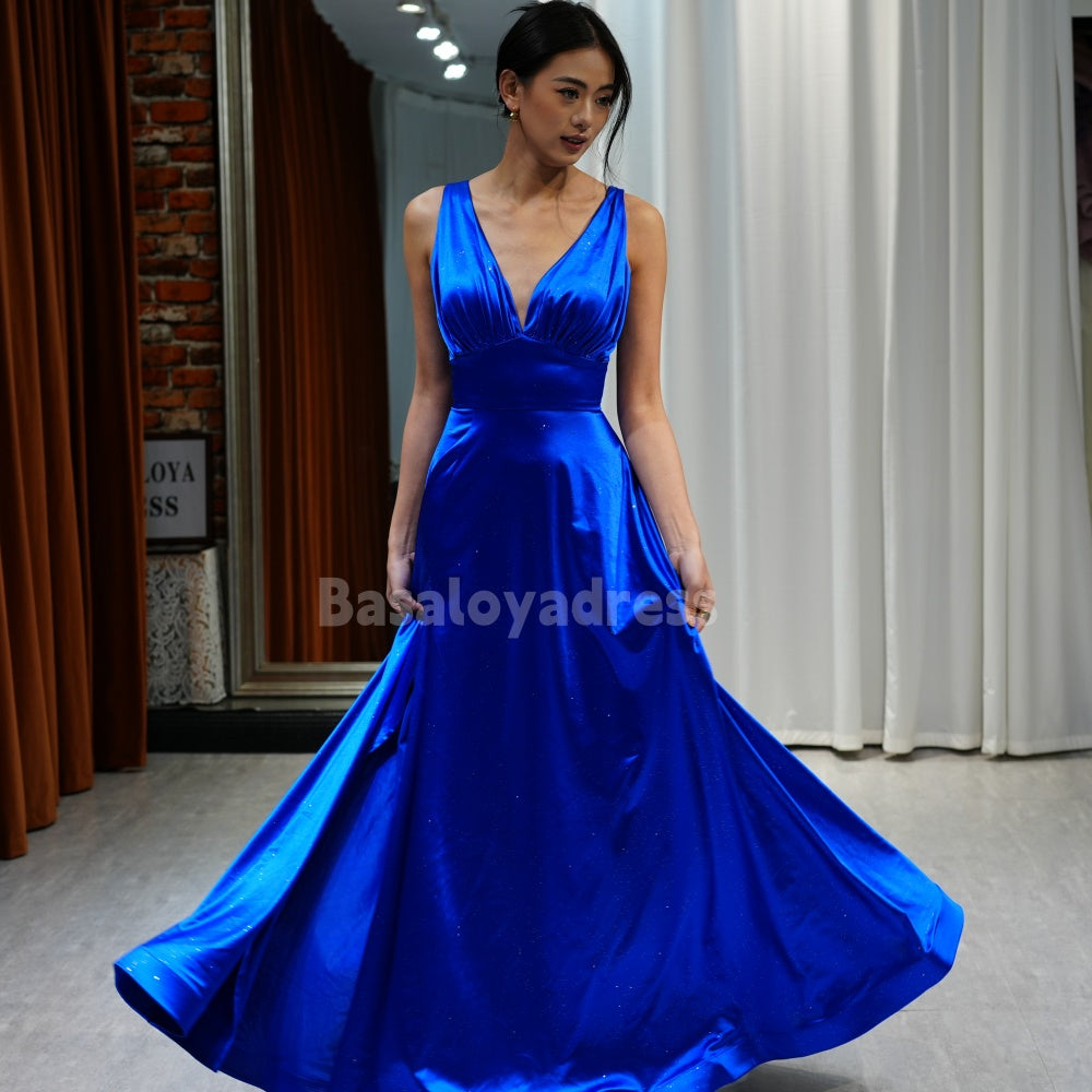 BDES00005 Blue High Split Evening Dress for Women Deep V Sleeveless Maxi Dress Mom of the Bride Dresses