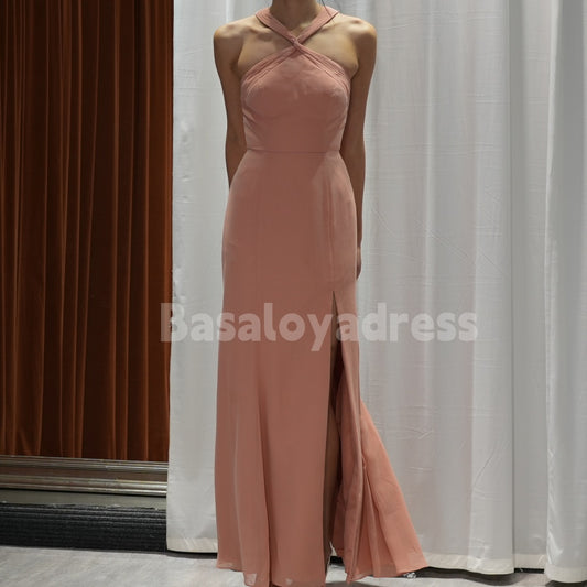 BDES00007 English Rose A-Line Halter Pleated Stretch Satin Bridesmaid Dress High Slit Chiffon Prom Dress