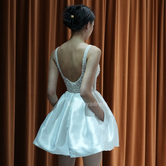 BSD00007 White Elegant Cute Short Beaded Sequined See-through Party Dress A-Line Mini Princess Wedding Dress