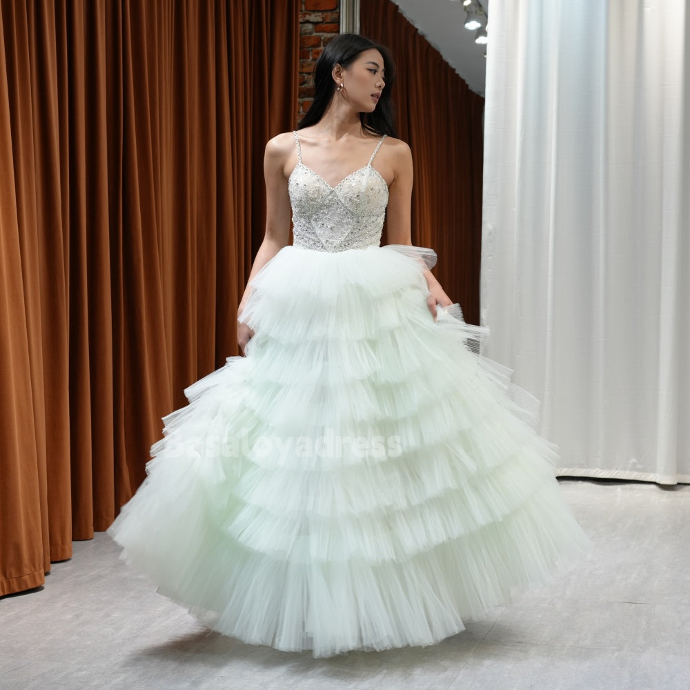 BDES00009 New 2025 Princess Tulle Green Long Prom Dresses With Beading Flower Cascading Ruffles