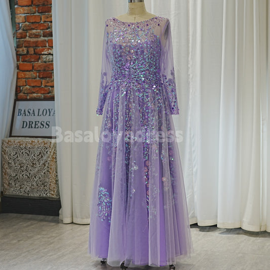 BDES00022 Lilac Evening Dresses Lace Appliques 3/4 Sleves Prom Gowns Graduation Dress Wedding Guest Dress