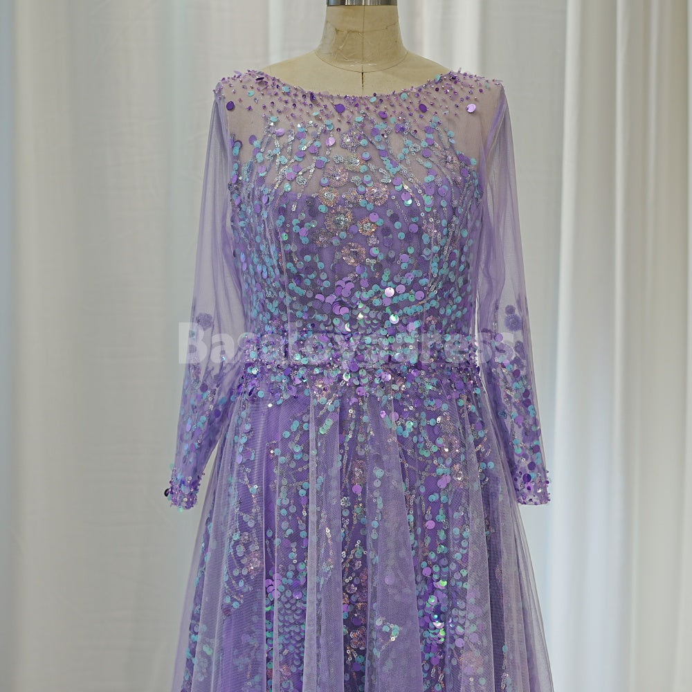 BDES00022 Lilac Evening Dresses Lace Appliques 3/4 Sleves Prom Gowns Graduation Dress Wedding Guest Dress