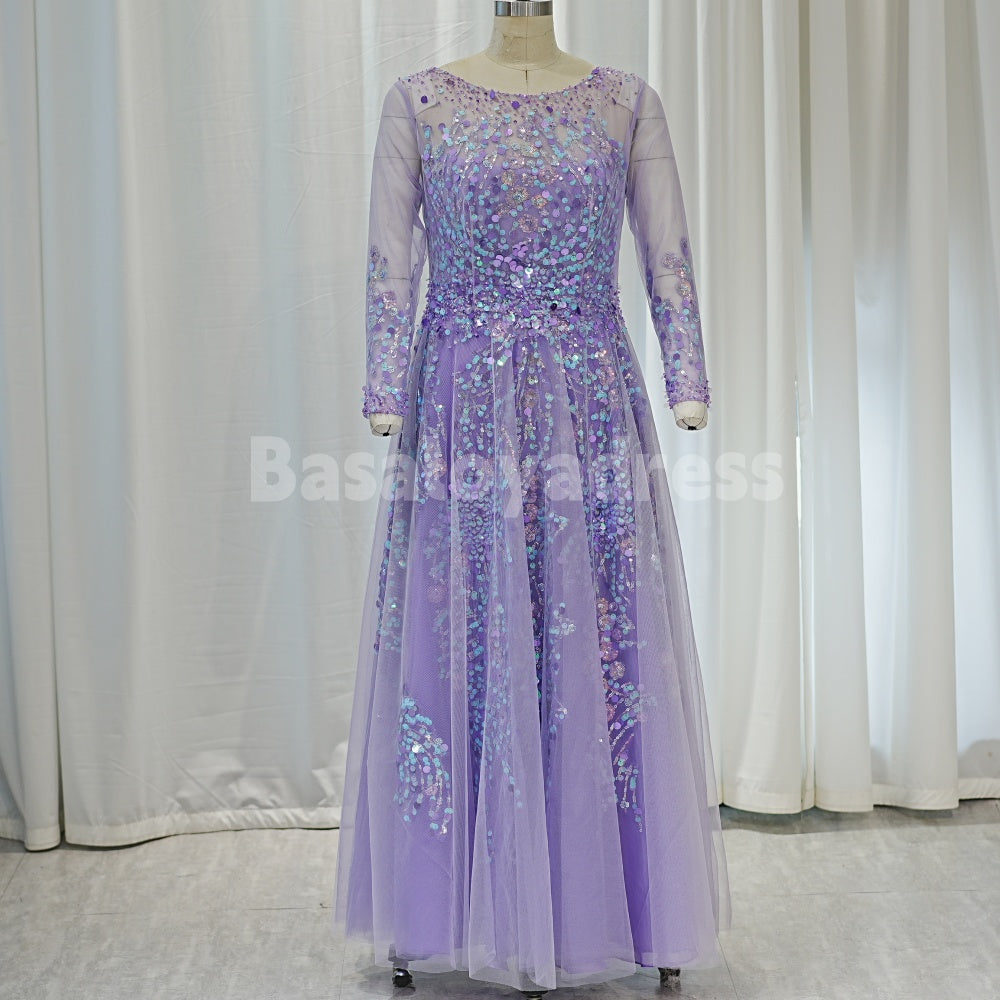 BDES00022 Lilac Evening Dresses Lace Appliques 3/4 Sleves Prom Gowns Graduation Dress Wedding Guest Dress