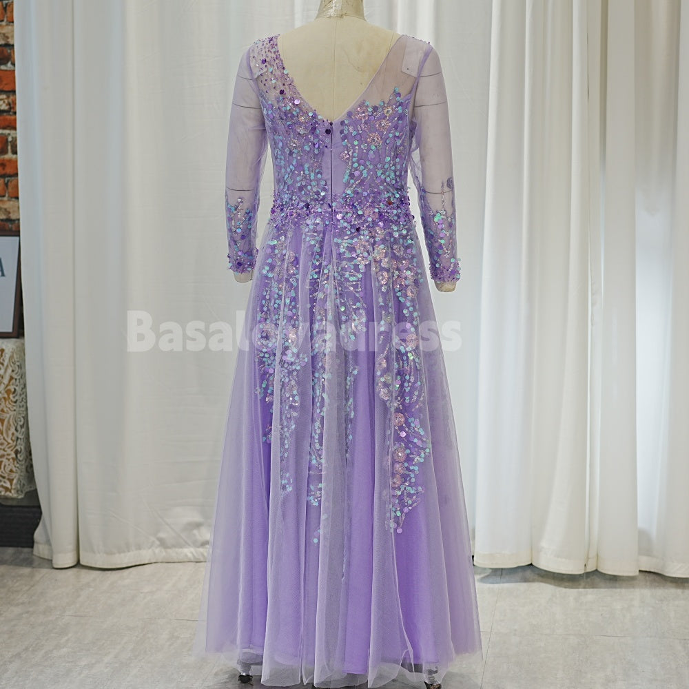 BDES00022 Lilac Evening Dresses Lace Appliques 3/4 Sleves Prom Gowns Graduation Dress Wedding Guest Dress