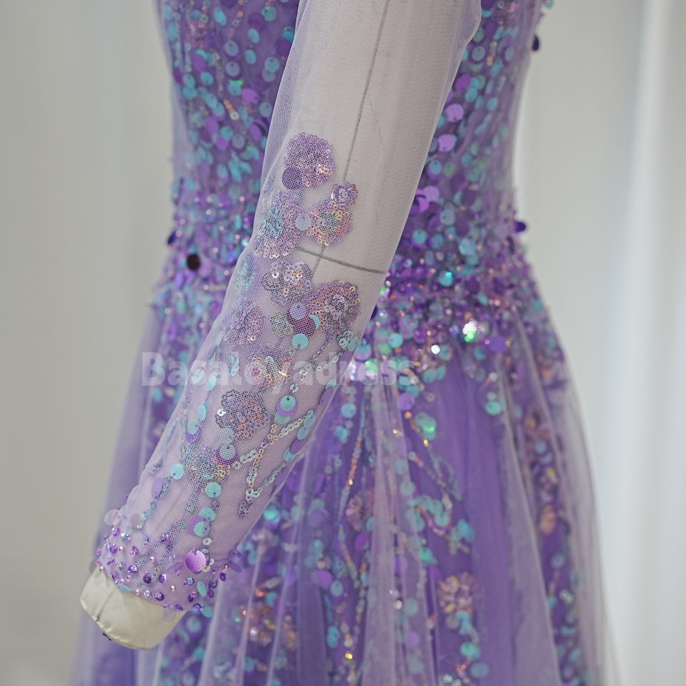 BDES00022 Lilac Evening Dresses Lace Appliques 3/4 Sleves Prom Gowns Graduation Dress Wedding Guest Dress