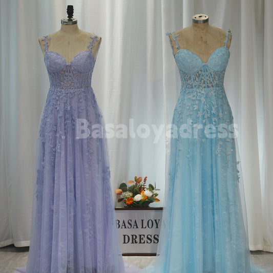 BDES00024 Light Blue/Light Purple Prom Dresses Lace Applique Evening Dresses Affordable Prom Dress
