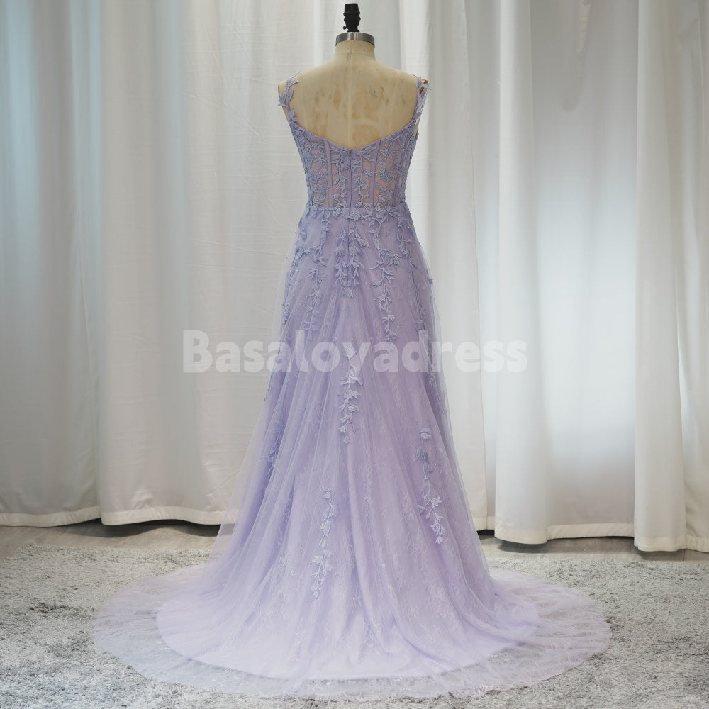 BDES00024 Light Blue/Light Purple Prom Dresses Lace Applique Evening Dresses Affordable Prom Dress
