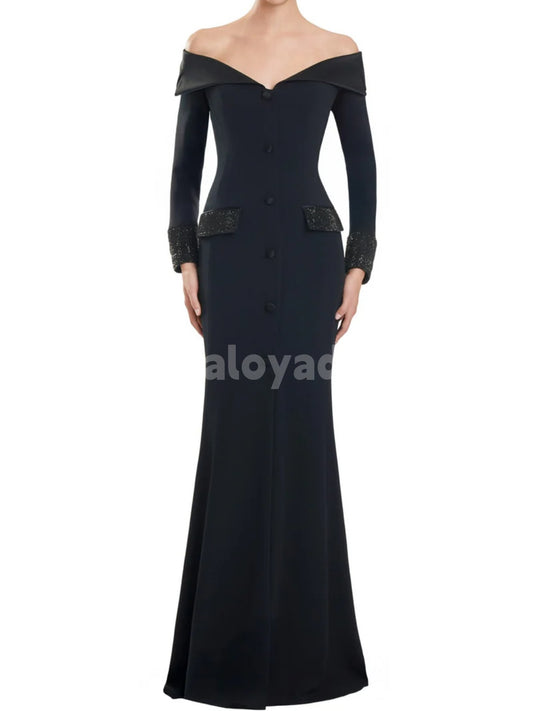 BDES00079 Off-the-shoulder Floor-length Evening Gown with Long Sleeves and Shimmering Check Chanel-style Fabric