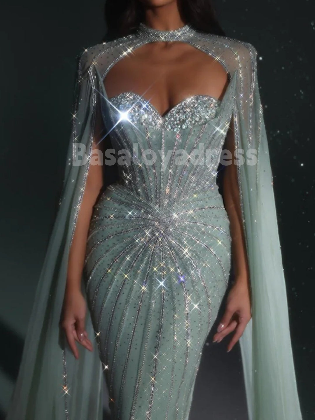 BDES00098 Affordable Luxury Sparkling Beaded Floor-length Mermaid Evening Dress with Cape Train