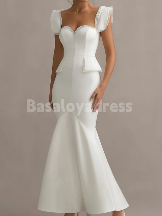 BDES00100 White Sweetheart Neck Maxi Mermaid Evening Dress Wide Straps Tassel Edge Formal Party Dress