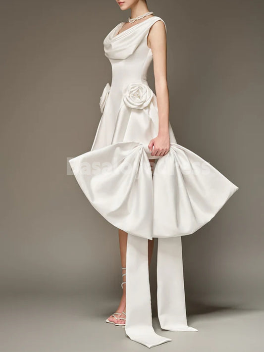 BSD00064 Solid Spliced 3D Flowers Mini Dresses Pleated Scoop Neck Sleeveless High Waist Temperament Cocktail Dress with Removable Large Bow