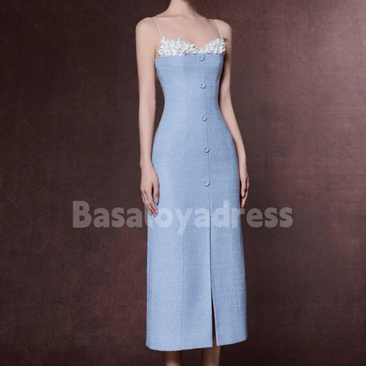 BDES00117 Sweetheart Neckline Spaghetti Straps 3D Flowers Midi Dress with Decorative Buttons