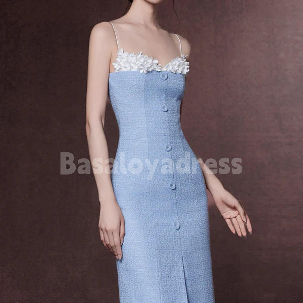BDES00117 Sweetheart Neckline Spaghetti Straps 3D Flowers Midi Dress with Decorative Buttons