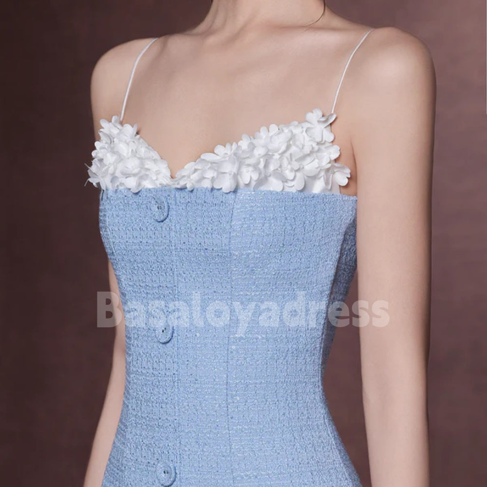 BDES00117 Sweetheart Neckline Spaghetti Straps 3D Flowers Midi Dress with Decorative Buttons