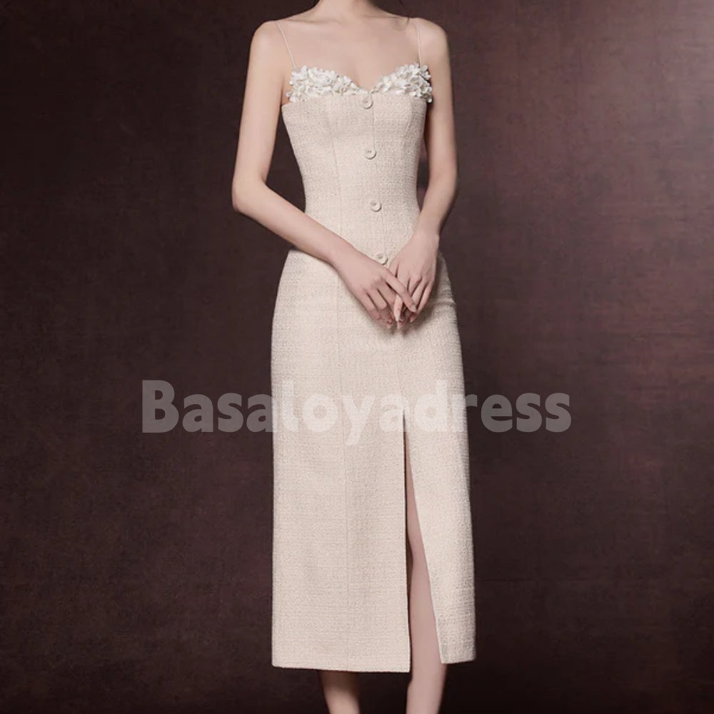 BDES00117 Sweetheart Neckline Spaghetti Straps 3D Flowers Midi Dress with Decorative Buttons