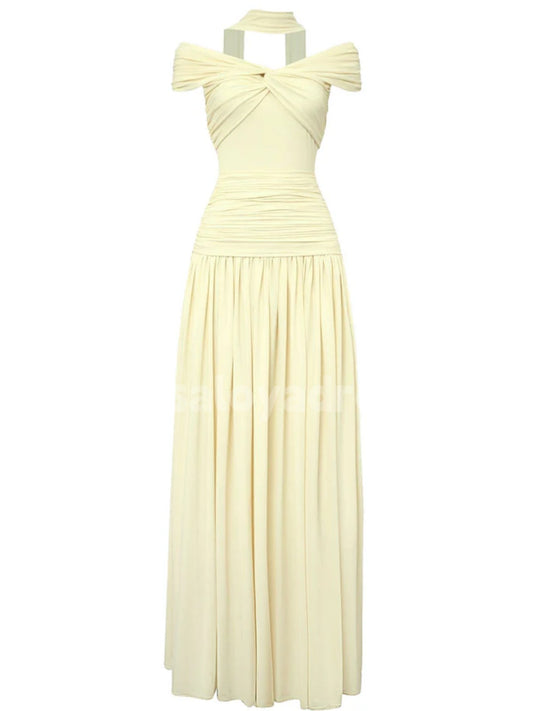 BDES00118 Lemon YellowA-line Off-Shoulder Maxi Dress Drop Waist Pleated Prom Dress