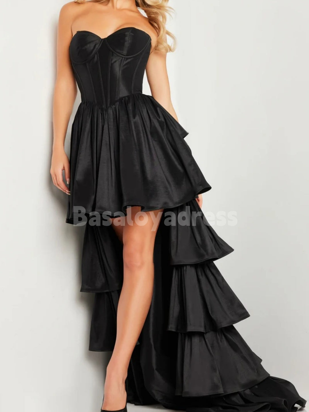 BDES00077 Sexy Sweet Strapless High-Low Taffeta Prom Dress Black Dress Layered Ruffles