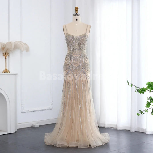 BDES00020 Shiny Fitted Crystal Fringe Embellished Tulle Overlay Nude Lining Prom and Evening Gown