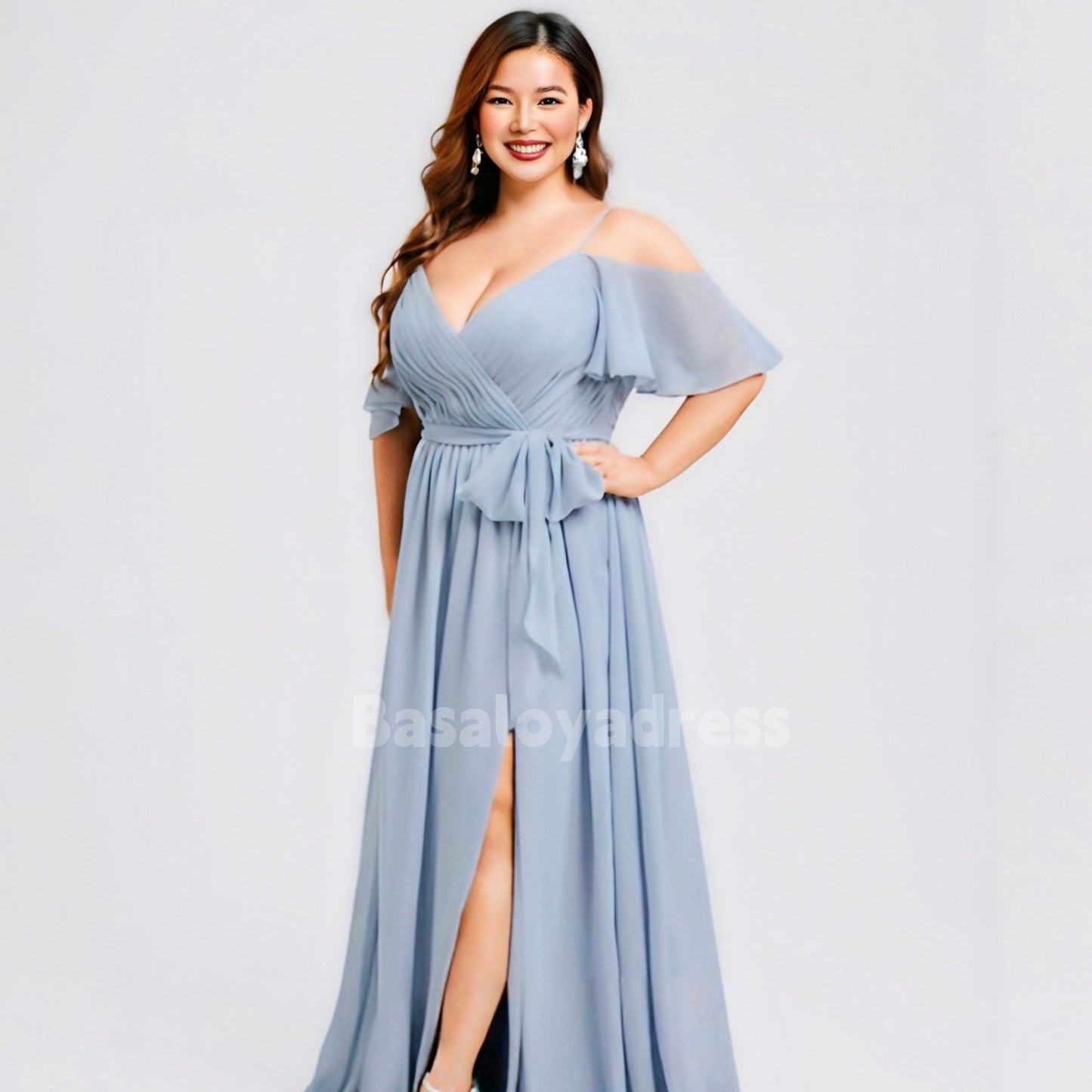 BDES00048 Plus Size A-line Off Shoulder Backless Floor-Length Chiffon Bridesmaid Dress With Ruffle