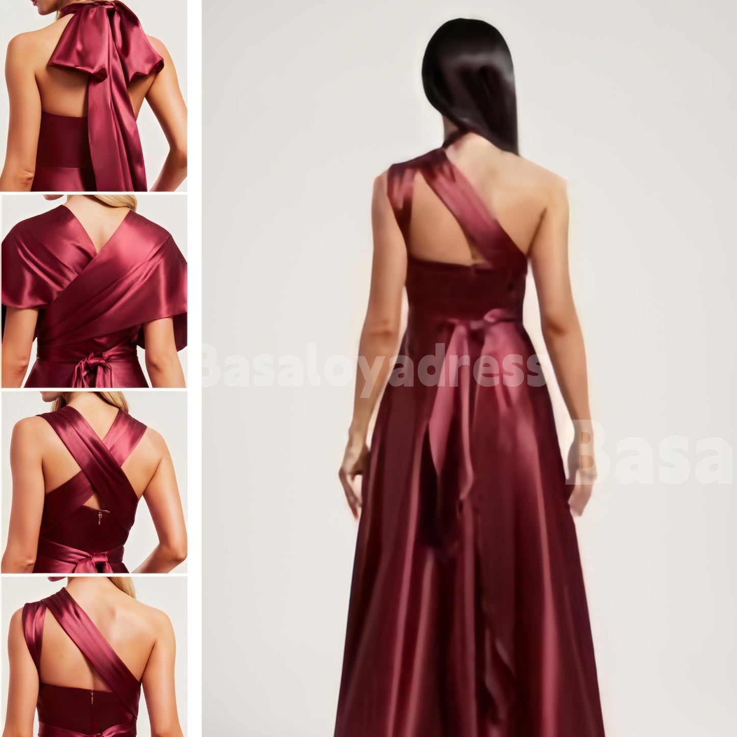 BDES00063 A-line Convertible One Shoulder/V-Neck/Halter Floor-Length Satin Bridesmaid Dress