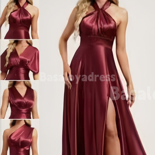 BDES00063 A-line Convertible One Shoulder/V-Neck/Halter Floor-Length Satin Bridesmaid Dress
