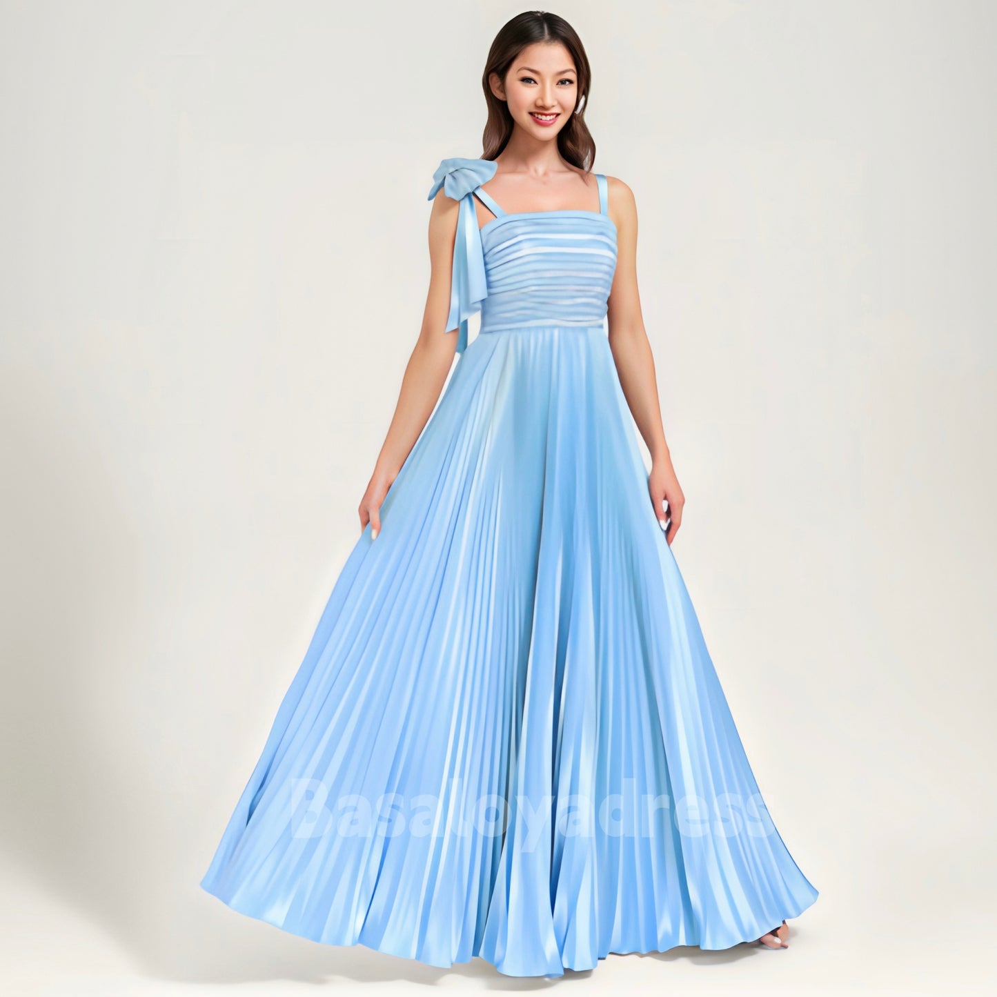 BDES00072 Chic A Line Neck Blue Long Party Dress Satin Bridesmaid Dress With Bow Pleated