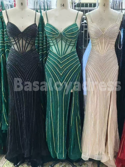 BDES00096 Sparkle Spaghetti Strap Pearls and Crystals Mesh Tulle Evening Dress For Women