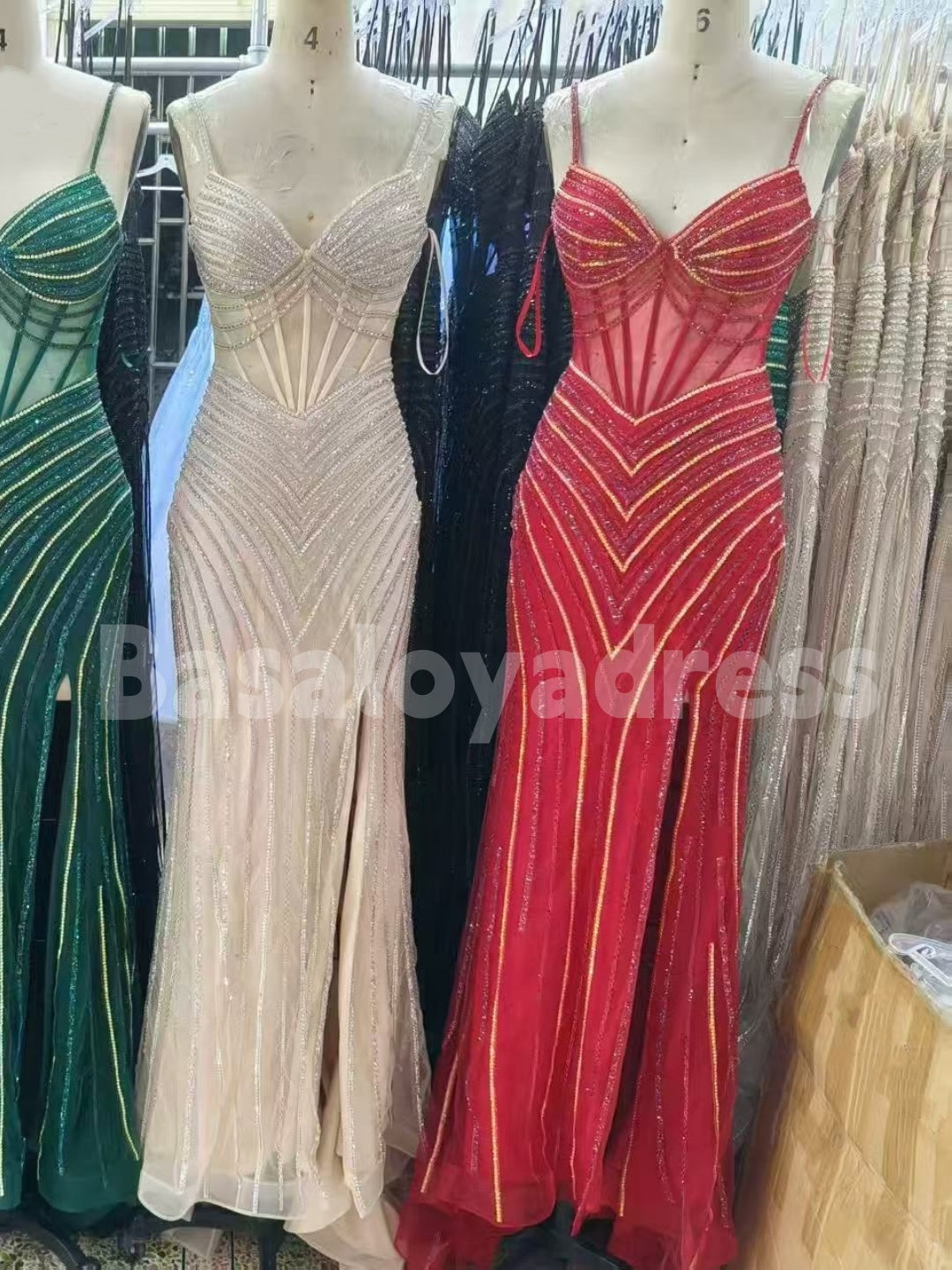 BDES00096 Sparkle Spaghetti Strap Pearls and Crystals Mesh Tulle Evening Dress For Women