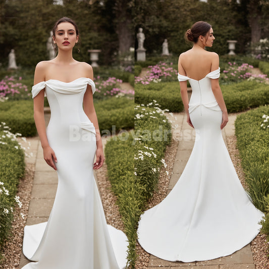 BWD00029 2026 New Beach Wedding Casual Wedding Dresses Simple Mermaid Off Shoulder Satin Bridal Gowns With Ruched