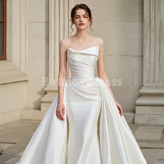 BWD00034 Light Beige Satin Mermaid Bridal Gown with Detachable Large Train and Pleats